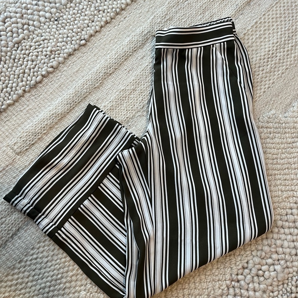 LOFT Olive and White Striped Wide Leg Pants